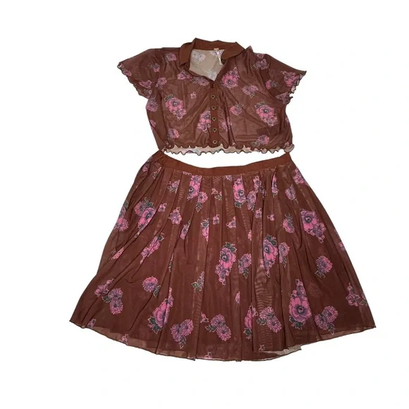 FINAL NWOT FP Florence Mesh Floral Crop Top/Mini Skirt Set m Cocoa combo - Picture 13 of 14